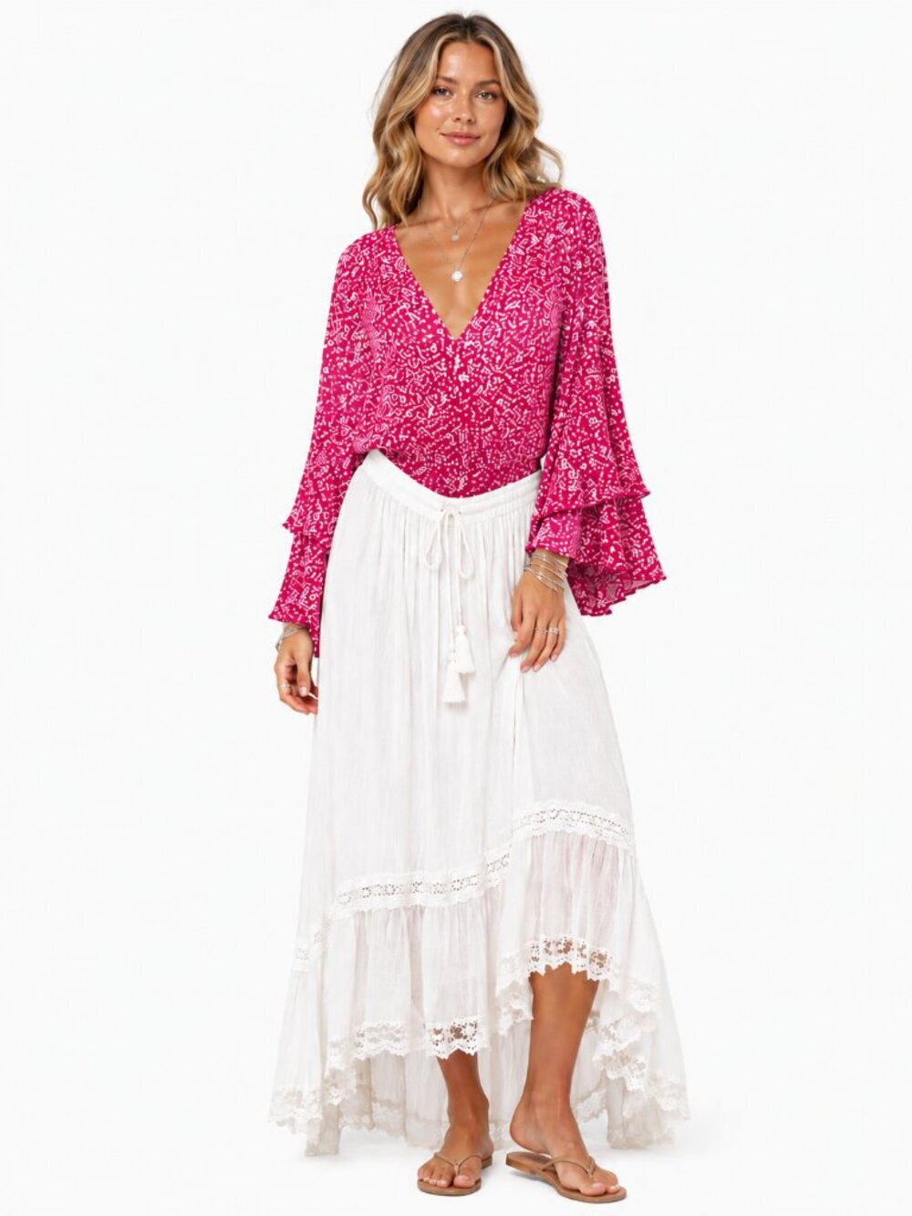 INTIMITALY FREE PEOPLE Lg Flowy Slve V-Neck Pink w/White Florals Snap Bodysuit S